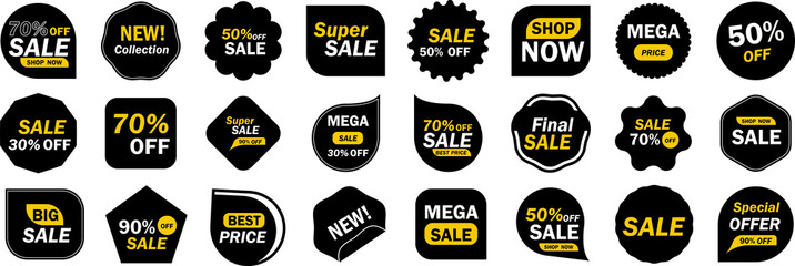 Shopping labels and tags with text. Sale, discount stickers. Labels for special offers. Promotional badge in black color