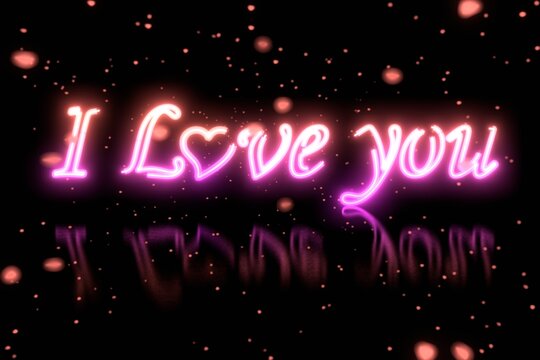 Pink neon sign reading "I Love you" with a heart as the "o." 3D render.
