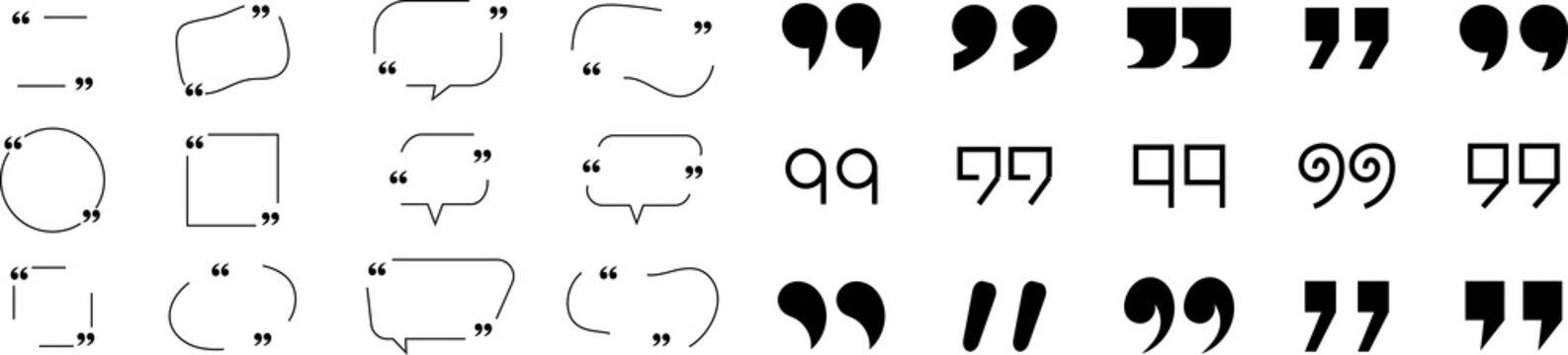Collection of quote box frames and icons. Text in brackets. Blank template of quote remarks. Empty speech and quote bubbles of different forms. Textbox