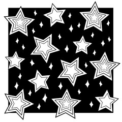 doodle stars. night sky. on a black background. star coloring page.