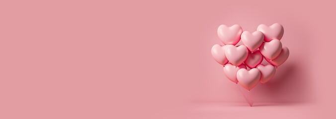 Fototapeta na wymiar Heart shape from a pink balloon floating on a pink background. Minimal idea concept. Horizontal banner Space for text on the left Love Heart Romance Valentines day