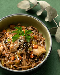 Asian udon noodles with chicken and vegetables. Dish is in green plate on green background. Decoration of green branch. Serving dish. Close-up. 