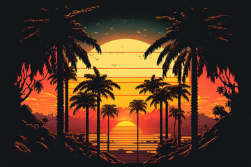 Obraz premium 80's or 90's retro sunset landscape, Evening on the beach with palm trees, Colorful picture for rest. Palm trees at sunset, generative ai.
