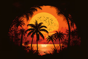 80's or 90's retro sunset landscape, Evening on the beach with palm trees, Colorful picture for rest. Palm trees at sunset, generative ai.