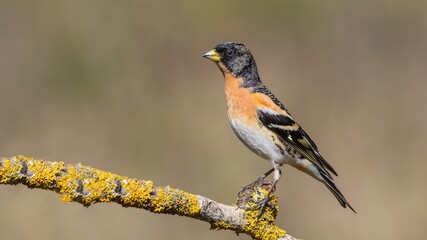 Brambling (Fringilla montifringilla) male sitting on a narrow branch.