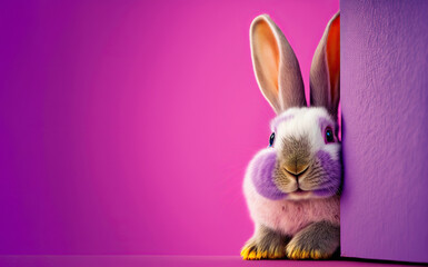Cute rabbit is quietly watching from around the corner, against a purple background, created with Generative AI technology. Copy space. 