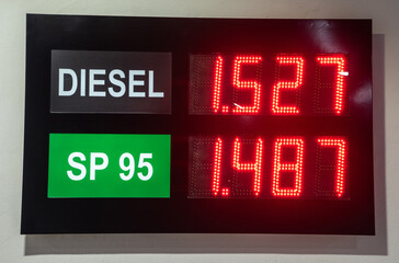 Gas pump in Spain showing prices per liter for diesel and SP 95.