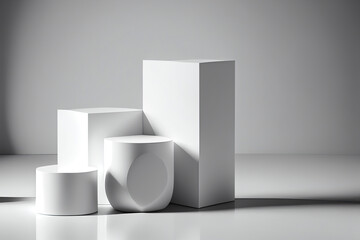 Modern white cube and cylinder step pedestal podium with white wall scene background