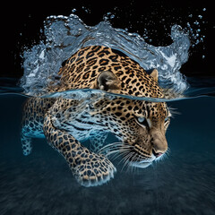 Fototapeta na wymiar Tigre sumergido en un rio nadando salpicando el agua del chapuzón , generativa IA