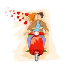 Fototapeta na wymiar funny couple in scooter riding and kiss, drawing