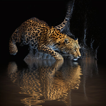 Tigre vadeando un cauce sinuoso, gran aura de agua salpicada inmovil  congelando el movimiento , genrative IA