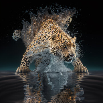 Tigre vadeando un cauce sinuoso, gran aura de agua salpicada inmovil  congelando el movimiento , genrative IA