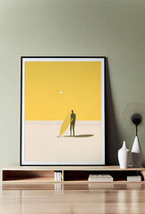 interior decoration,man holding a surfboard on the beach, minimalist illustration
