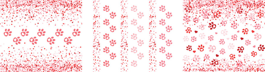 Fototapeta na wymiar Cat or dog is my Valentine set of seamless patterns with glitter and paws. Use for print or sublimation for love holiday to pet lover