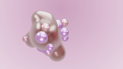 3D render animation motion design presentation background wallpaper metasphere. Pink purple abstract meta sphere liquid shape moving deformation transition to meta balls bubbles drops pearls molecules