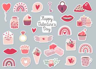 Set of Valentine's Day hand drawn stickers. Template for greeting card, invitation, poster, banner, gift tag, print