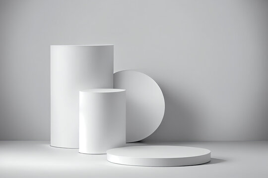 Modern white cube and cylinder step pedestal podium with white wall scene background