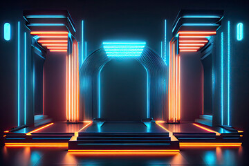 Futuristic Sci-Fi Empty Stage neon Glowing Lights, Abstract Background