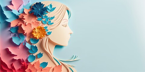 Illustration of face and flowers style paper cut with copy space for international women's day