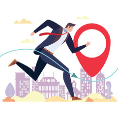 Businessman running against a city background with map locator in a concept of urgency, being late, ambition, or competition in a colorful flat vector illustration