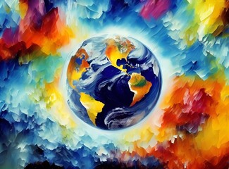 Naklejka na ściany i meble colorful illustration of planet earth, artist palette, multicolor texture, palette-style