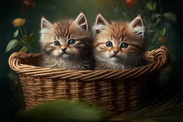 Fototapeta na wymiar two kittens in a basket, two beautiful little kitten's in a basket in garden. Generated Ai.