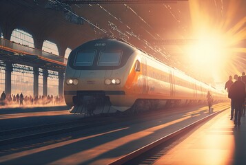 Naklejka premium illustration, platform of modern train station, image generated by AI