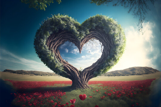 Gigantic Heart Tree on a Meadow with Red Roses, Generative AI