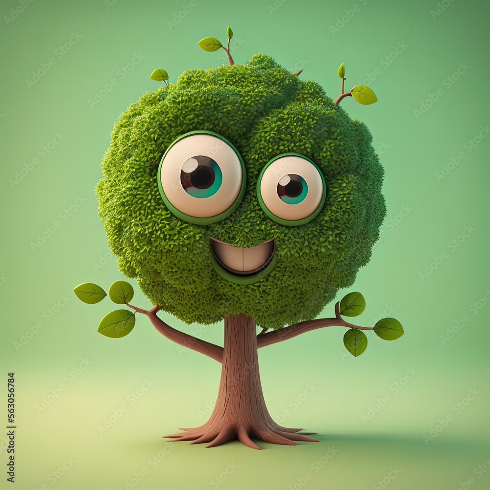 Canvas Prints Cute Cartoon Green Summer Tree Character (Generative AI)