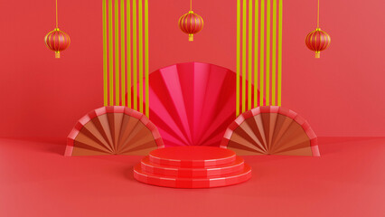 3D podium, octagon stage podium and Chinese New Year paper art, Chinese festival, Mid-Autumn Festival, fan, flowers and Asian elements with craft style on background.