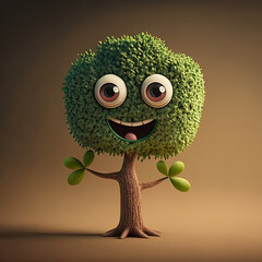 Cute Cartoon Green Summer Tree Character (Generative AI)