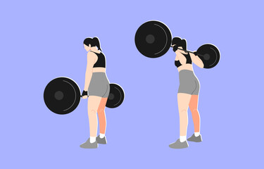 woman lifting weights with different poses, movements. back view. female athlete training in gym with barbell. fitness, body building, exercise. vector illustration in flat style.