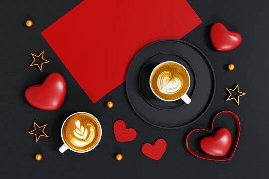 Coffee lover. Top view of hot Coffee cup with a barista art heart shape foam , red heart and card background.  Festive card for Valentines Day. top view. flat lay. 3D illustration