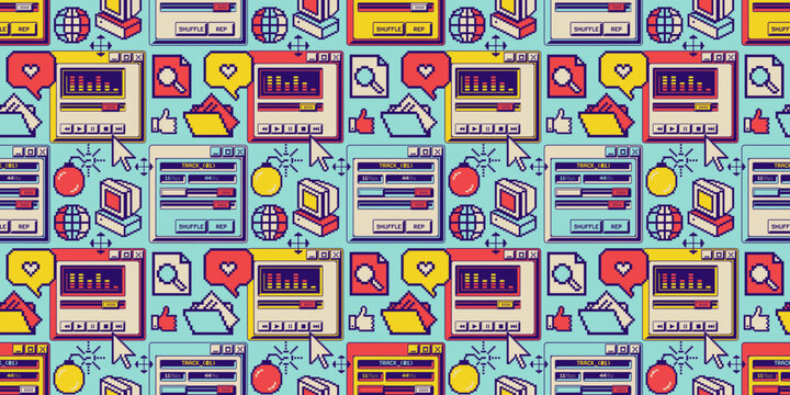 Vintage User interface seamless background, wallpaper with desktop icons. 8-bit nostalgia illustration