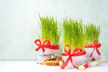 Happy Nowruz holiday background. Celebrating Nowruz new year sweets and treats, dried fruits, nuts, seeds, wooden background with green grass and festive red ribbon, copy space