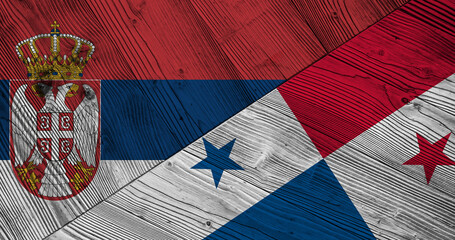 Background with flag of Serbia and Panama on wooden split plank. 3d illustration