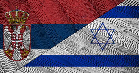 Background with flag of Serbia and Israel on wooden split plank. 3d illustration
