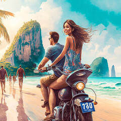 Picture of a couple on a motorbike riding on the sea bay