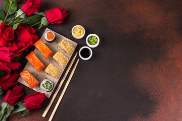 Heart shaped Valentine day sushi set. Classic sushi rolls, philadelphia, maki set for two, with two...