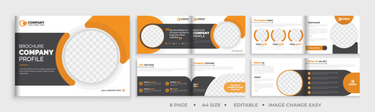 8 pages brochure landscape template, corporate business booklet brochure design, modern layout bifold brochure, annual report template,
