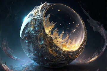 Fantastic cosmic landscape trapped in a crystal ball, made with generative AI