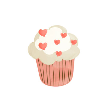 Watercolor cartoon illustration of a cupcake decorated with a selection of heart shaped cake