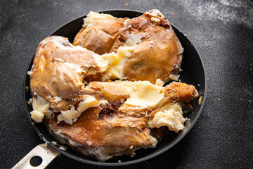 duck meat leg confit in duck fat ready to cook meal food snack on the table copy space food background rustic top view