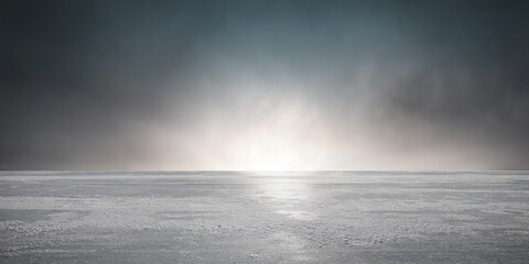 Ice and Snow Floor Background with Dramatic Sunset Sky Horizon - A Cinematic Winter Scene - 563058575
