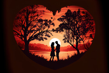 Romantic Heart Red Love Couple Silhouette In The Sunset with Generative AI
