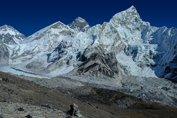 Everest and Nuptse mountains landscape - trekking in the Himalaya, Nepal. Himalaya landscape and mountain views.