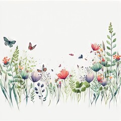 Bordure horizontale sans couture minimaliste avec des fleurs multicolores abstraites, des feuilles et des plantes vertes, des papillons volants. Motif isolé à l'aquarelle sur fond blanc. - obrazy, fototapety, plakaty