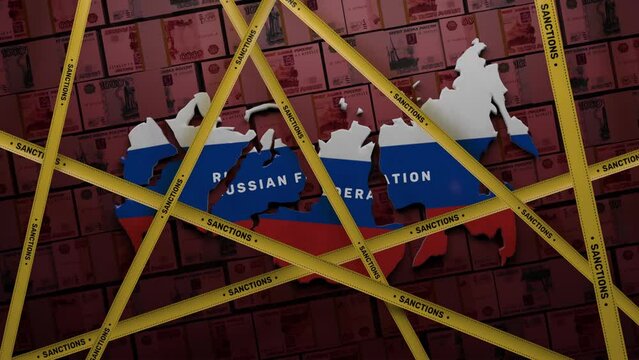 Visualization of map of Russia split into different pieces covered with yellow tape. 3D render concept of finance, oil and gas world sanctions against Russian Federation. Red background with money.