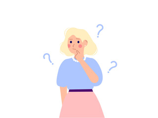 Young blonde girl doubts and has a question. Flat cartoon vector illustration isolated on white background.
Uncertainty, three question marks above the head.