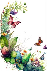 Obraz na płótnie Canvas Bordure horizontale harmonieuse avec fleurs multicolores abstraites, feuilles et plantes vertes, papillons volants. Motif isolé à l'aquarelle sur fond blanc, prairie d'été.